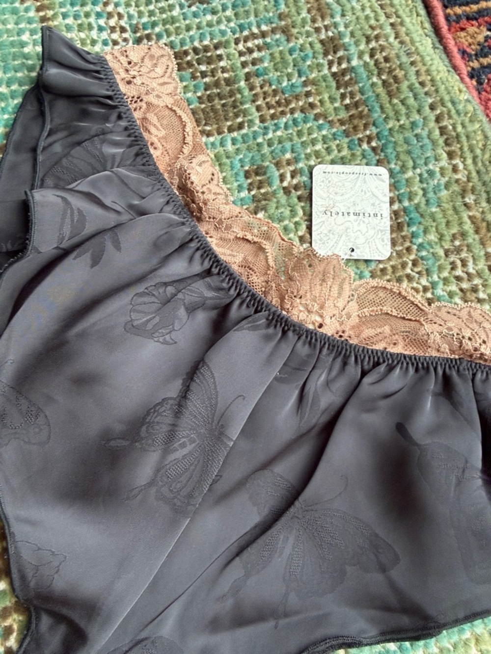 Free People Black Butterfly Satin Thong with Nude Lace Trim